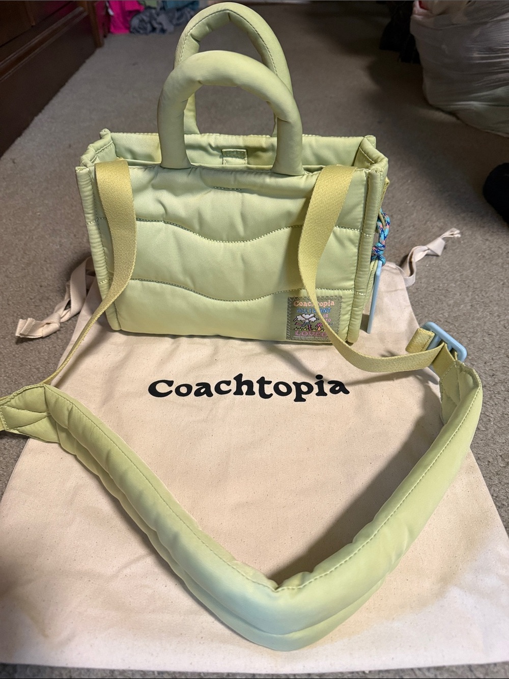 Coachtopia Light Green Quilted Crossbody Tote with Detachable Strap
